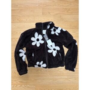 Thread & Supply Womens Brown White Daisy Floral Faux Fur Zip Up Jacket XS NWT